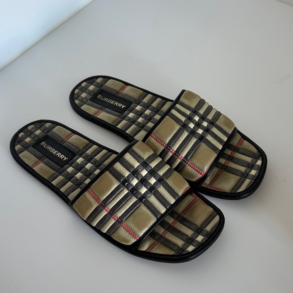 Burberry Beige Black Plaid Slide Sandals with Red Accents